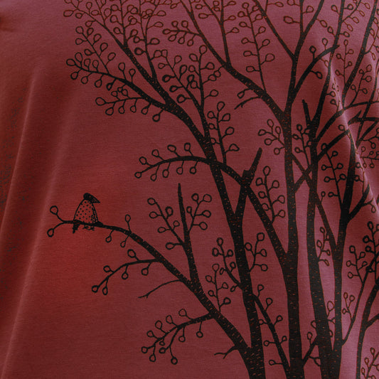 Damen T-Shirt Baum in Burgundy mit detailreichem Elster-Motiv