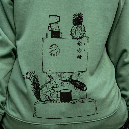 Kaffee-Eichhörnchen Motiv im handbedruckten Siebdruck aus Hannover auf dem Cmig hoodie
