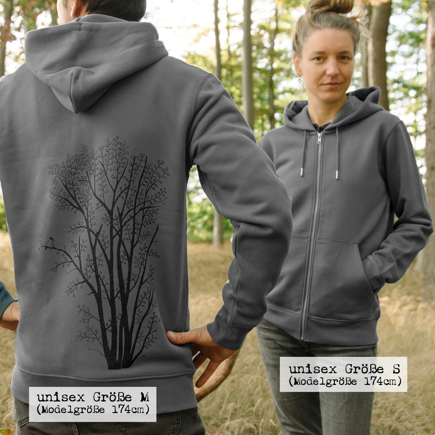 Baum Kapuzenjacke Unisex mit großem Naturmotiv in anhracite