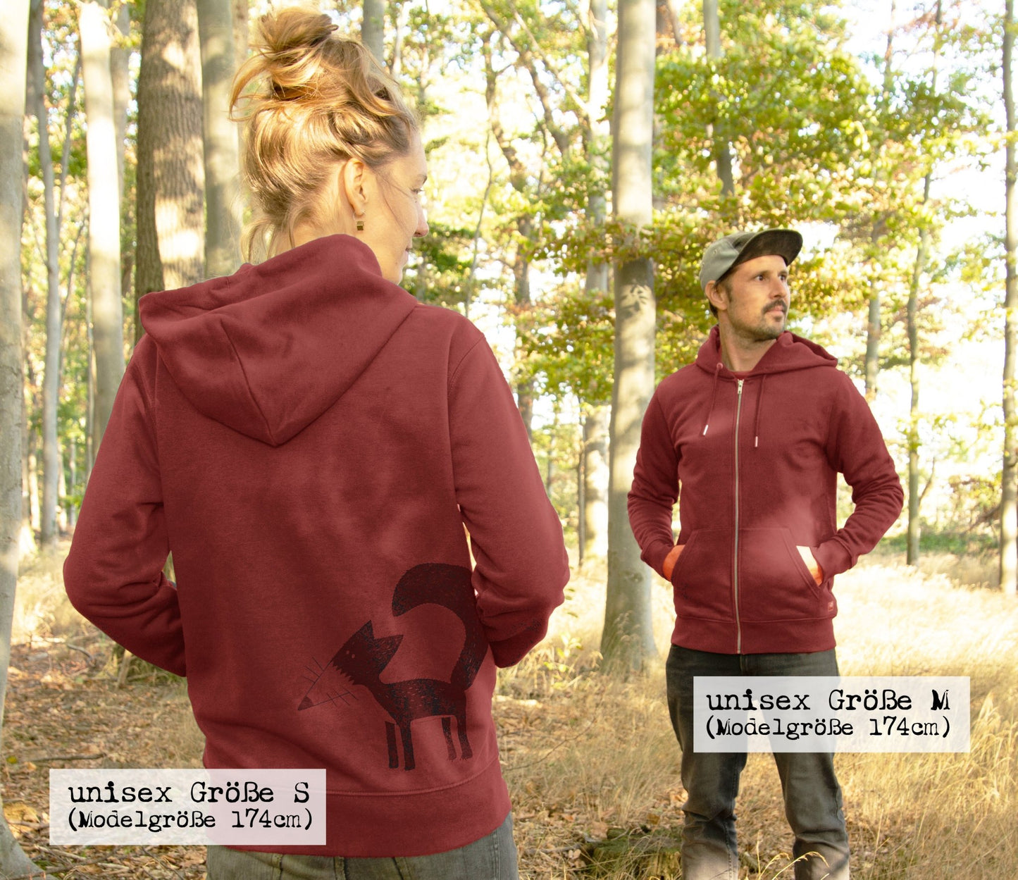 Fuchs Sweatjacke Unisex in Burgundy, handbedruckter Fuchs-Print auf der Rückseite