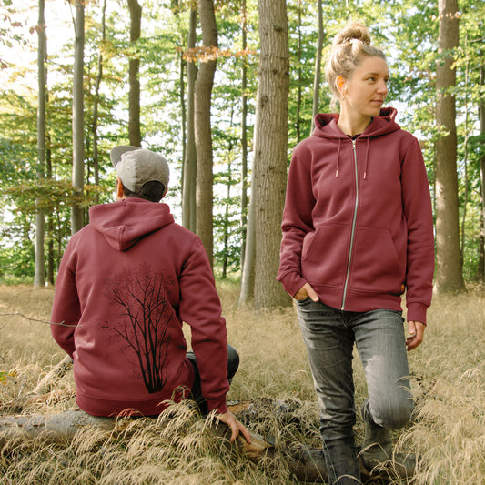 Erle mit Elster Kapuzenjacke unisex in burgundy XXS-XXL