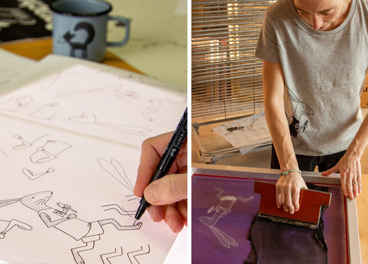 Siebdruck im atelier Cmig. Ein Laufhase wird auf ein T-Shirt aus Biobaumwolle gedruckt.