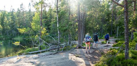 Familie beim Wandern auf dem Höga Kustenleden mit See und Wald im Hintergrund