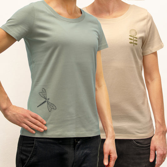 Basic Unique - 2er Pack Damen T-Shirts Blume & Libelle