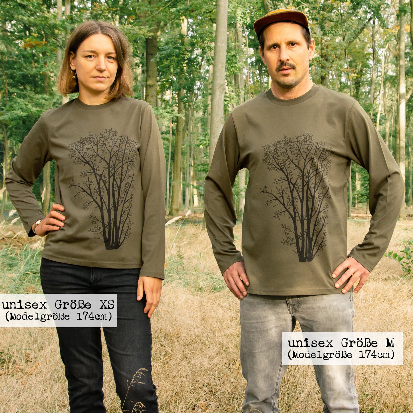 Erle mit Elster Langarmshirt unisex in khaki XXS-XXL