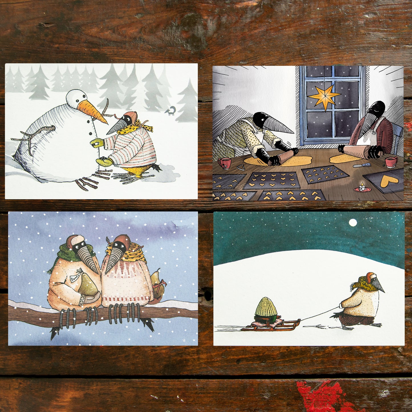 4 Weihnachtspostkarten mit Stig und Beata