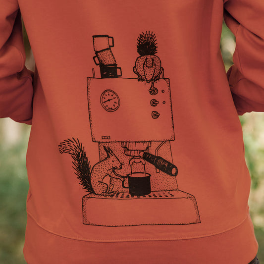 Espresso Hoodie mit handbedrucktem Siebdruck und Kaffee-Eichhörnchen Motiv