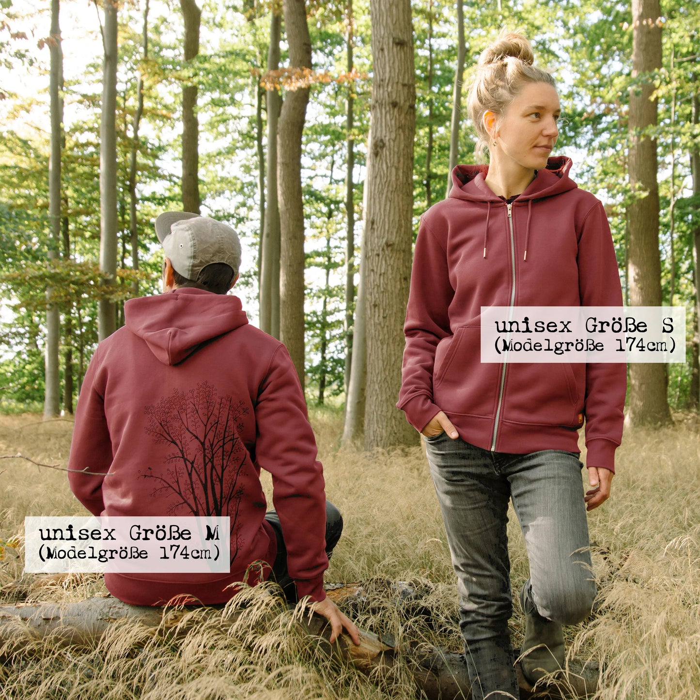 Erle mit Elster Kapuzenjacke unisex in burgundy XXS-XXL