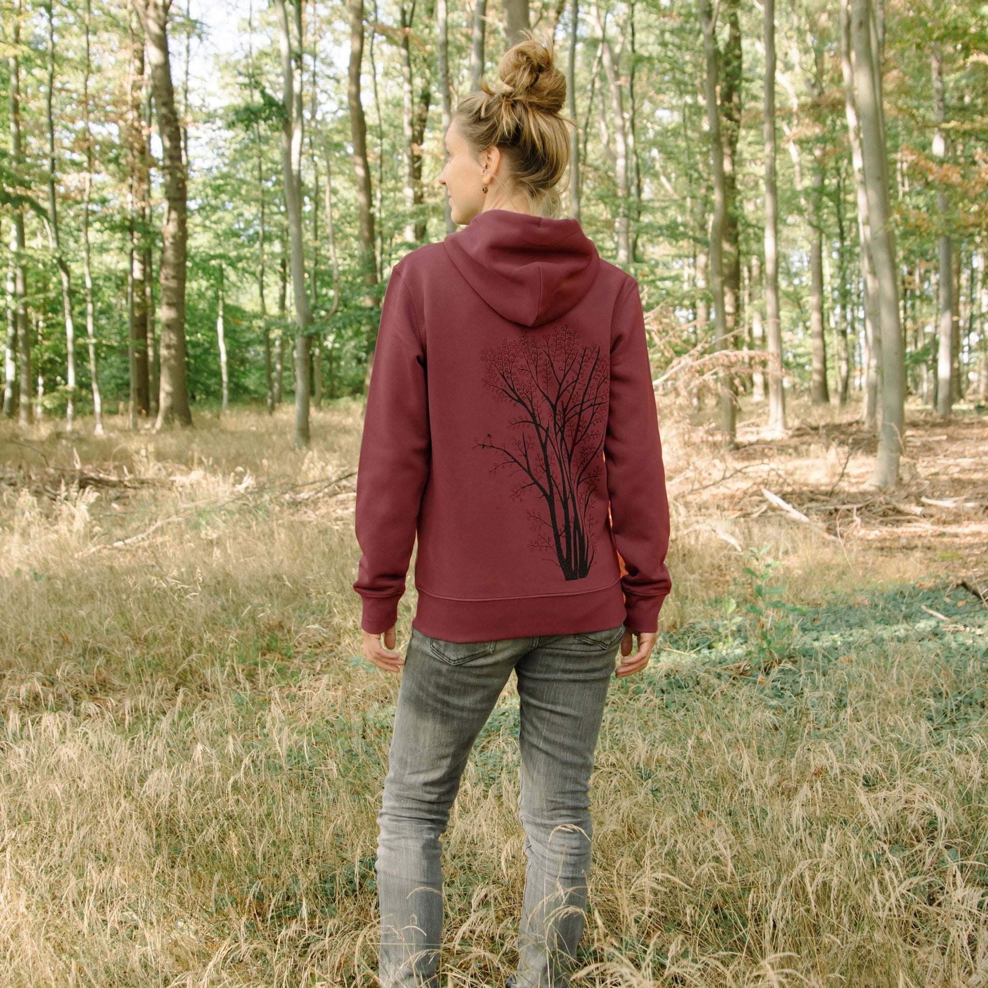 Burgundy Zipper Hoodie mit handbedrucktem Baum-Siebdruck